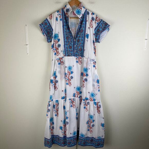 Victoria Dunn Folly Dress Size XS Rosa White Blue Blockprint Midi *no belt - Picture 5 of 12